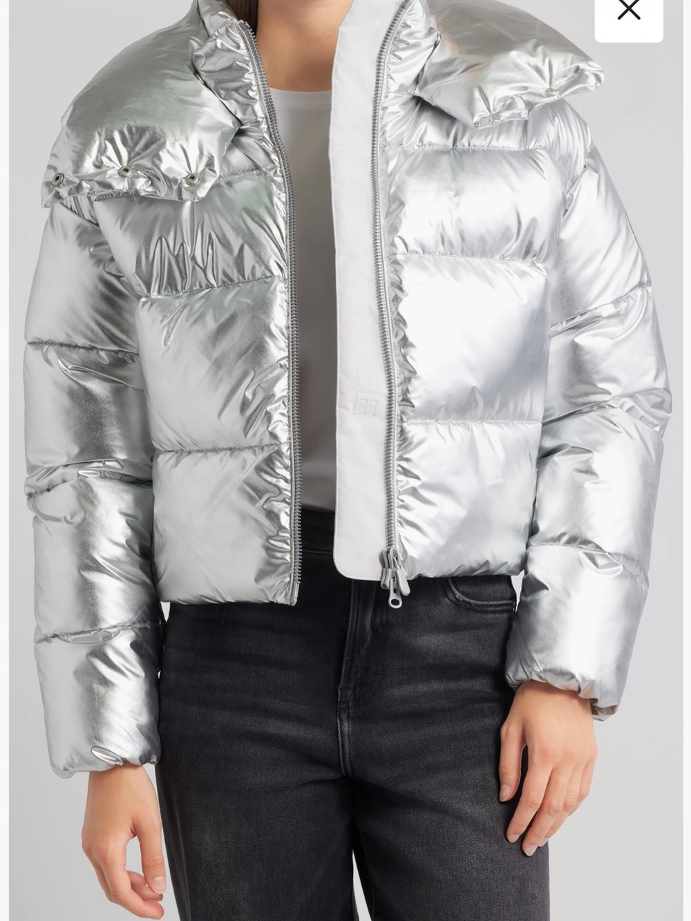 SAVE THE DUCK Metallic Silver Cropped Puffer Jacket